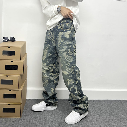 时尚潮流设计感花卉刺绣牛仔裤男春秋痞帅潮牌宽松高腰直筒长裤子