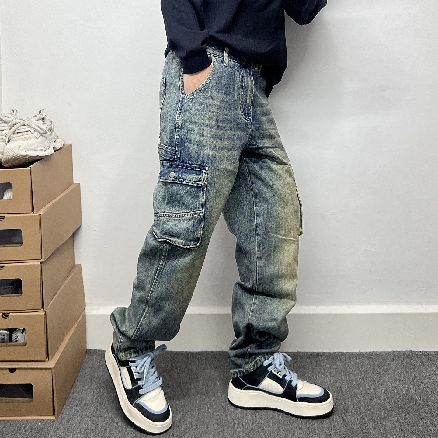 美式高街复古水洗做旧设计多口袋工装牛仔裤男潮牌直筒裤子锥形裤,男装,牛仔裤,淘宝优惠券,粉丝福利购,淘宝优惠卷