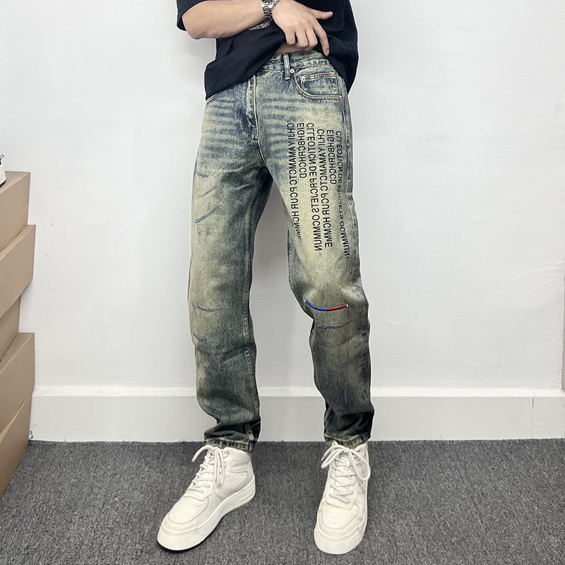 美式潮牌字母印花破洞牛仔裤男痞帅设计感刀割刺绣小直筒锥形裤子,男装,牛仔裤,淘宝优惠券,粉丝福利购,淘宝优惠卷