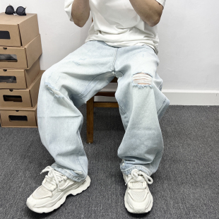 微垮直筒阔腿长裤 男痞帅潮流百搭宽松大码 休闲浅色破洞牛仔裤 美式