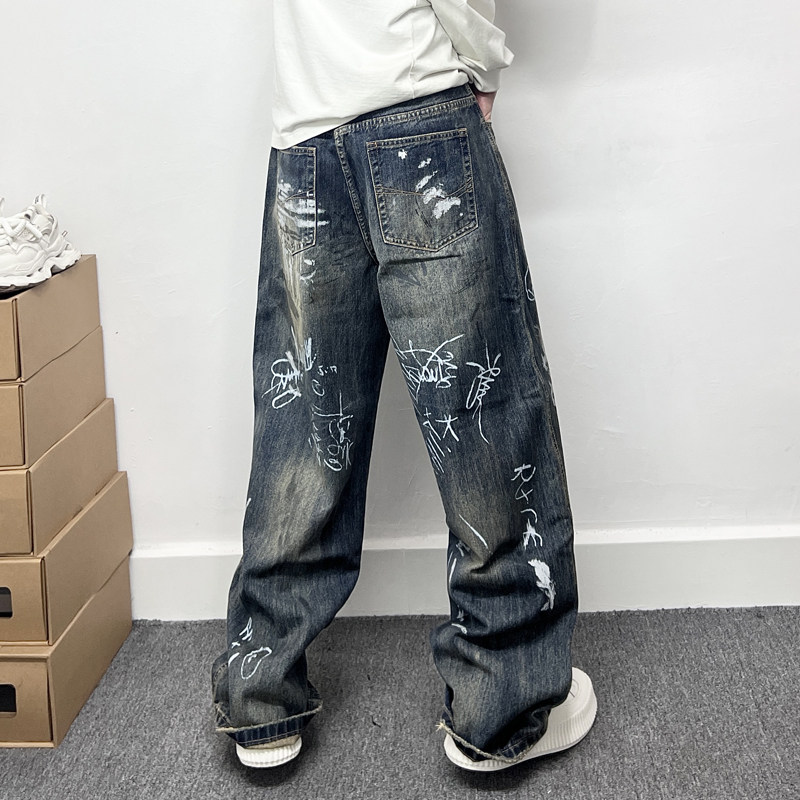 美式痞帅水洗复古涂鸦手绘牛仔裤男款大码直筒宽松高街阔腿裤春秋,男装,牛仔裤,淘宝优惠券,粉丝福利购,淘宝优惠卷