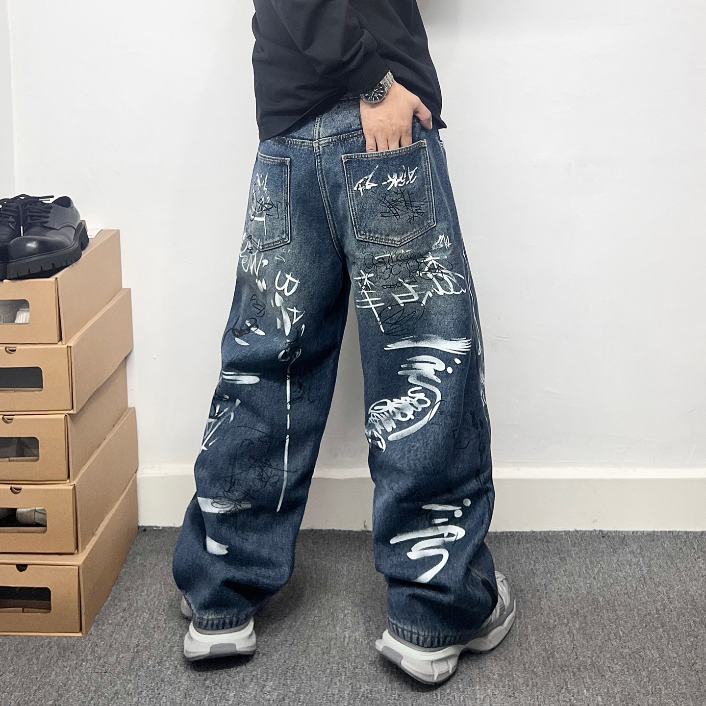泼墨涂鸦加绒牛仔裤男冬季加厚宽松直筒阔腿裤街头潮牌高街长裤子