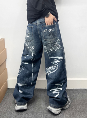泼墨涂鸦加绒牛仔裤男冬季加厚宽松直筒阔腿裤街头潮牌高街长裤子