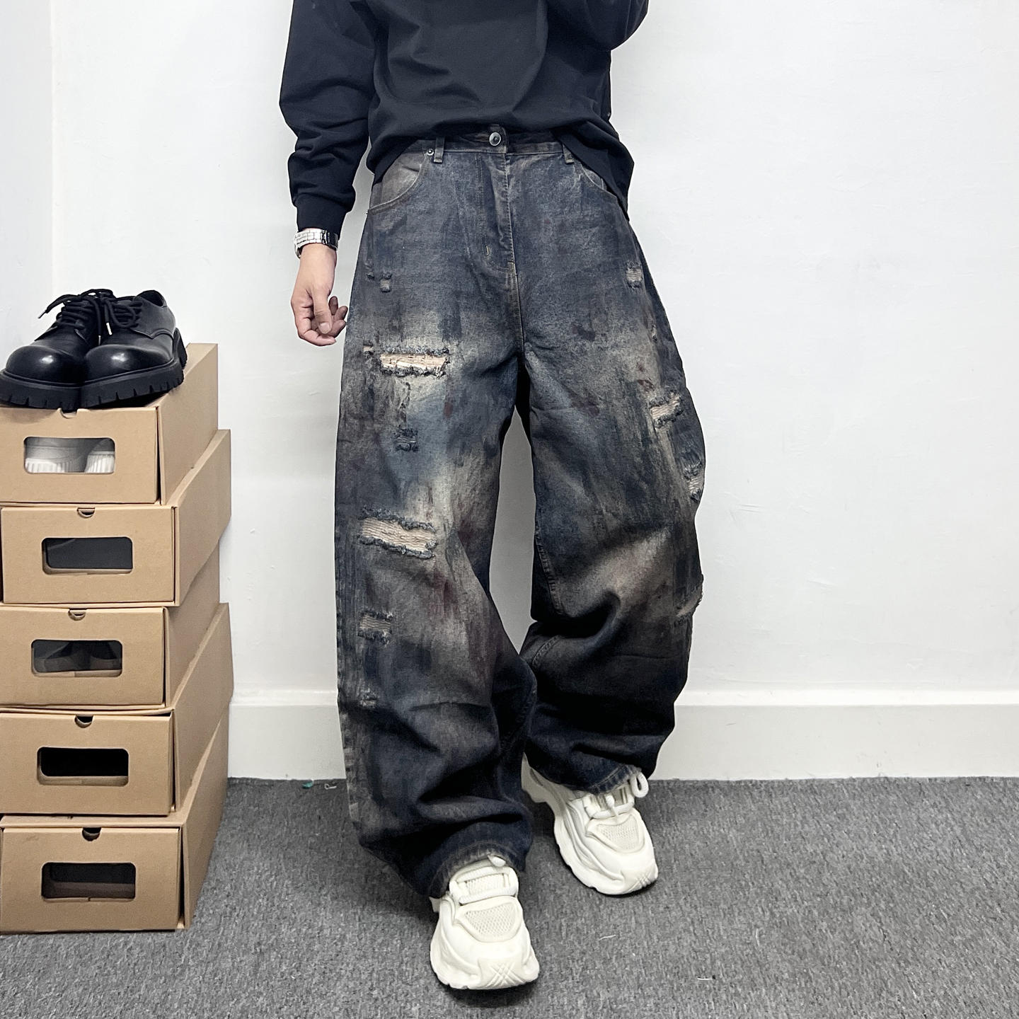 街头潮流喷墨废土风刮烂直筒牛仔裤男款重磅水洗做旧宽松阔腿长裤
