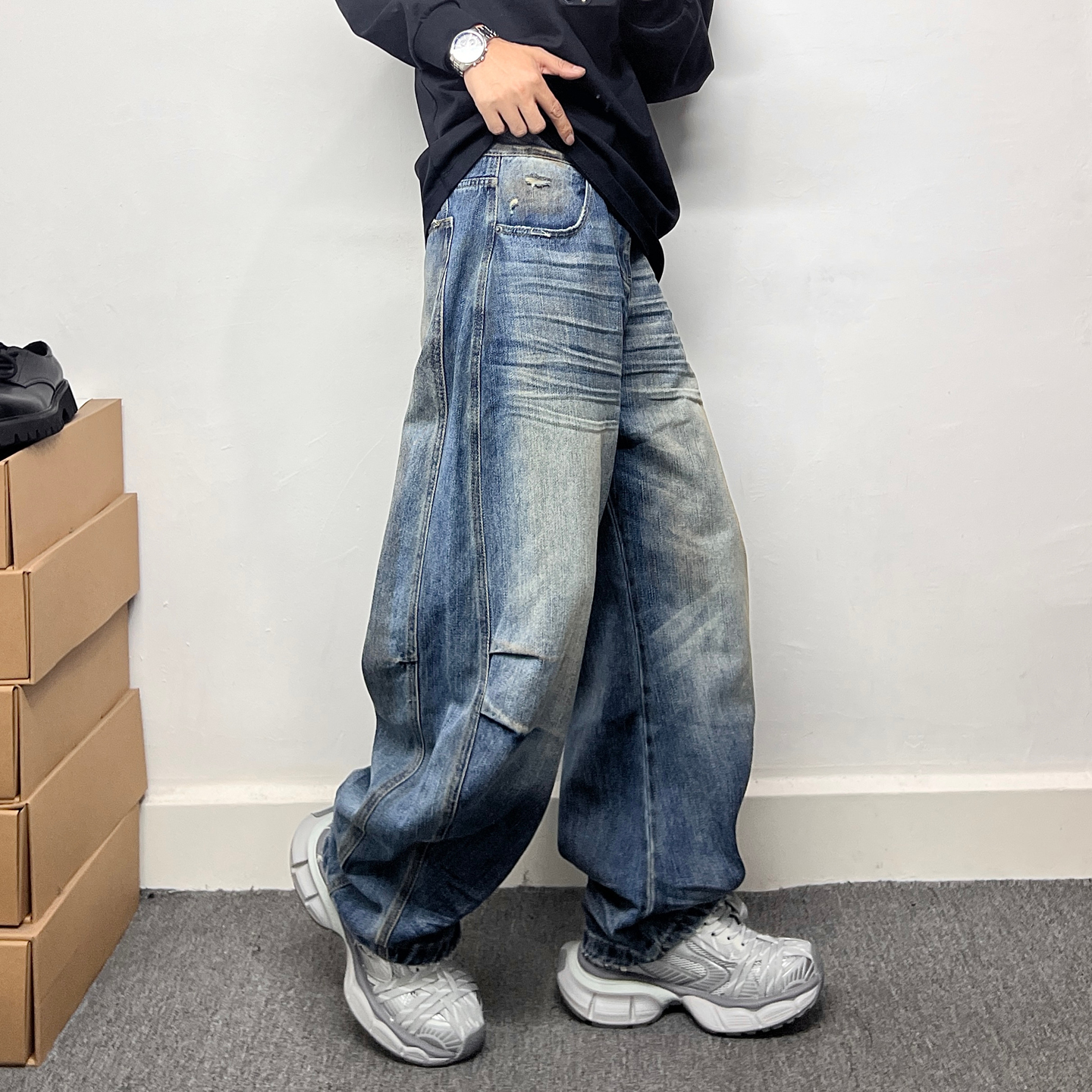 潮牌拼接设计阔腿牛仔裤男士复古水洗做旧直筒裤子百搭流行弯刀裤