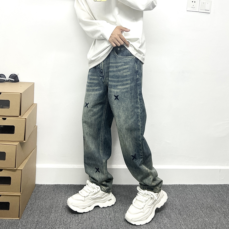 直筒刺绣高街微垮牛仔裤男长裤