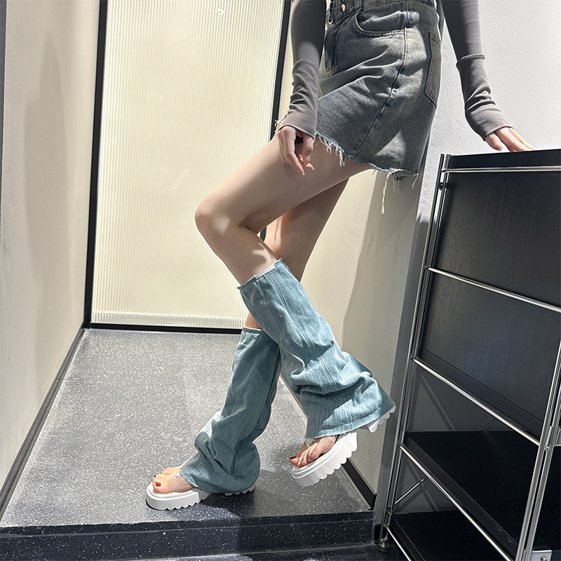 夹趾露趾长筒靴松糕厚底凉靴甜酷