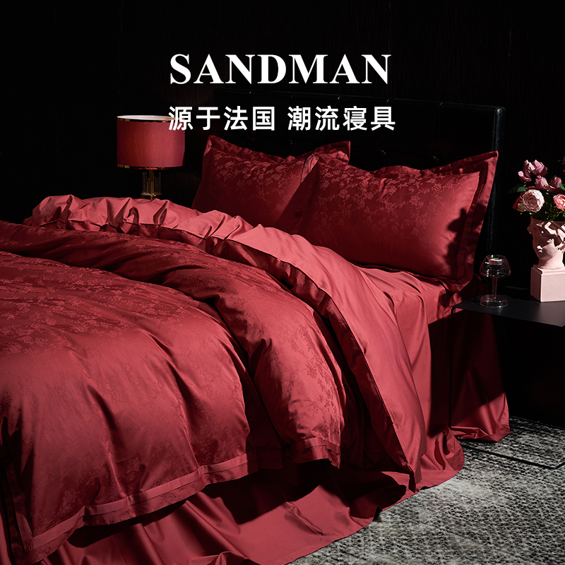 新品SANDMAN世纪婚礼长绒棉四件套红色结婚轻奢全棉新婚床上贡缎