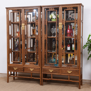 仙铭源红木家具 鸡翅木书柜书架中式实木玻璃酒柜客厅仿古陈列柜