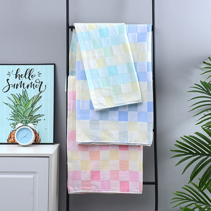 70*140cm宝宝双层纱布彩格浴巾50*100棉柔软舒适儿童浴巾60*120cm