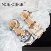 花朵高跟鞋 银色仙女风方头中跟高跟露趾凉鞋 真皮女 夏法式 2026新款