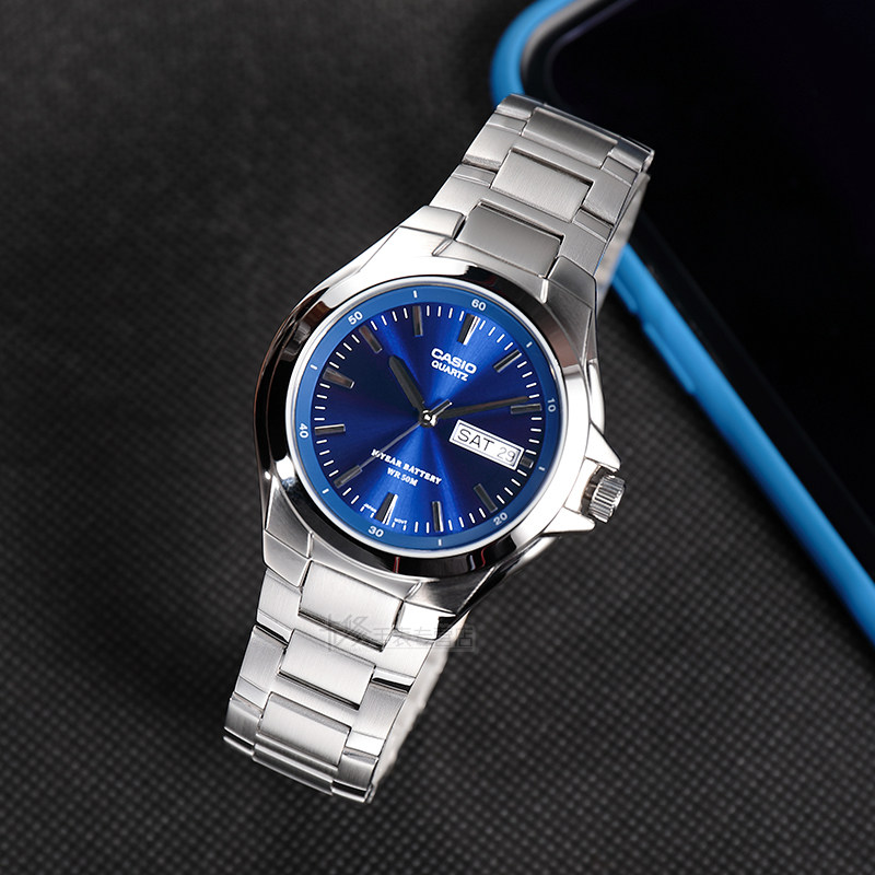 时尚casio卡西欧手表男蓝色钢铁非机械石英男表男士防水mtp-1228