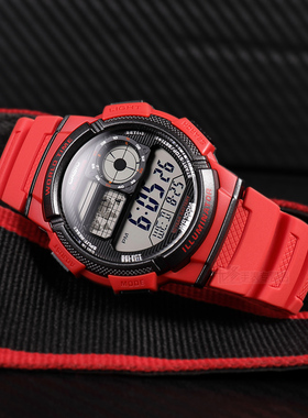 十年电力日本卡西欧运动手表男学生款红色时尚潮流男士防水AE1000
