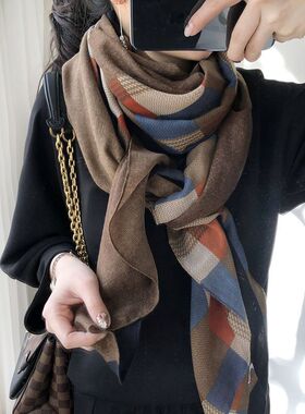 2025新款格子印花棉麻围巾女长款冬季保暖时尚减龄高档披肩四季款