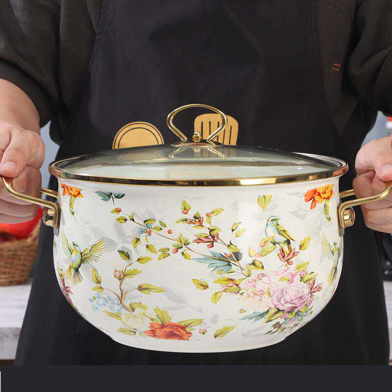 加厚搪瓷汤锅18-30cm珐琅鸟语花香双耳炖锅汤锅电炉燃气带盖奶锅