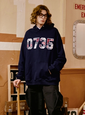 PFR AND格子贴布绣花连帽卫衣 情侣宽松潮牌加绒运动休闲套头帽衫