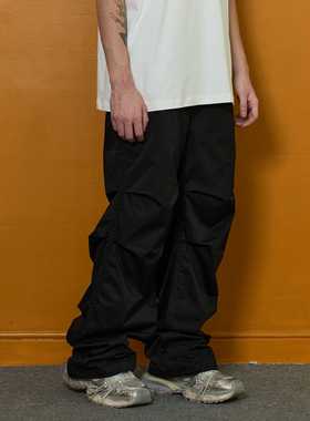 PFR AND黑色多褶皱直筒宽松长裤男女休闲工装异形裤 情侣泡泡裤潮