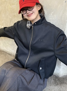 PFR AND春秋美式藏蓝色撞黑白格子夹克 半立领休闲百搭外套男女