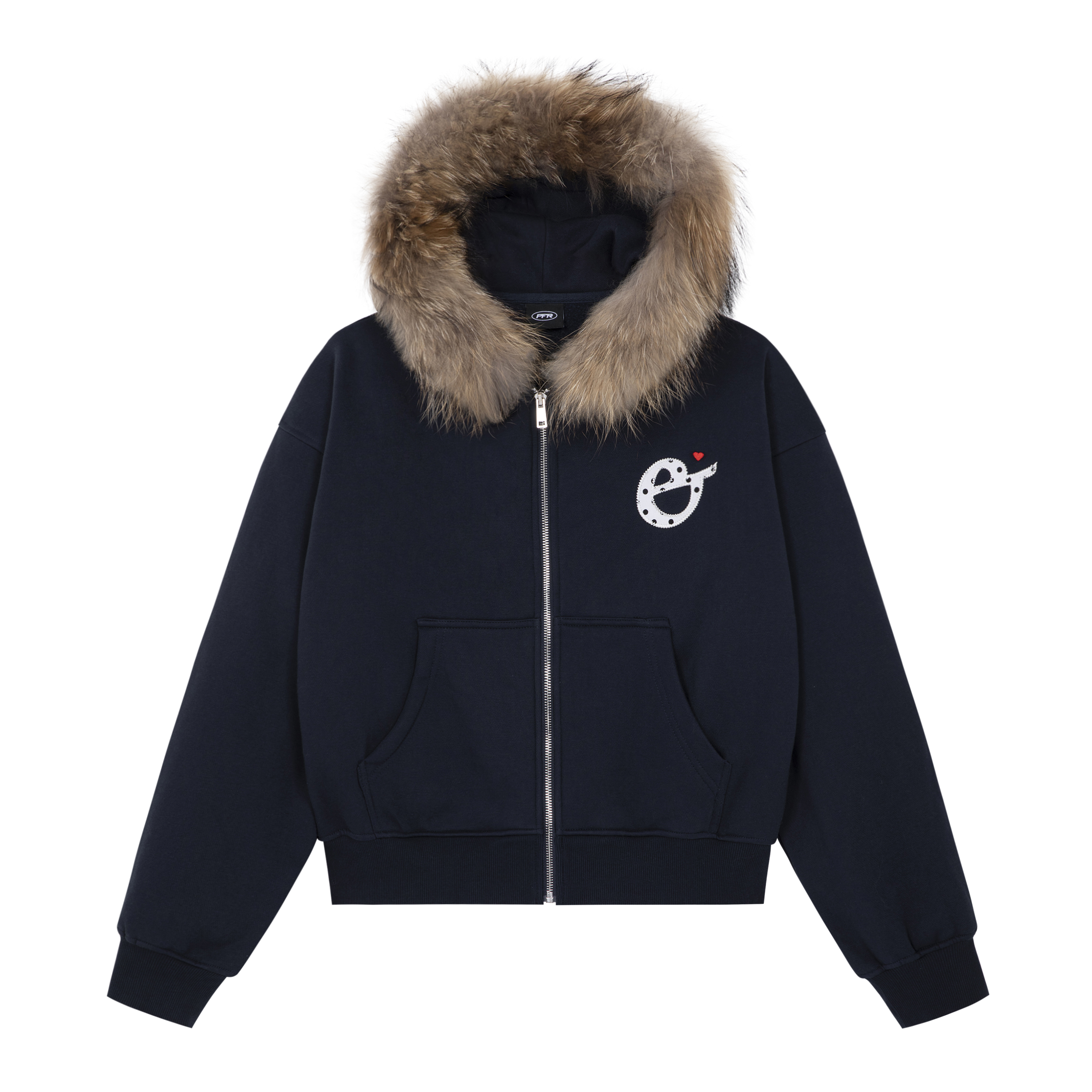 PFR AND貉子毛领连帽卫衣 贴布刺绣短款宽松加绒拉链女装开衫外套