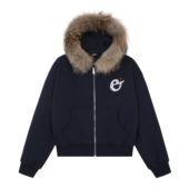 AND貉子毛领连帽卫衣 贴布刺绣短款 宽松加绒拉链女装 PFR 开衫 外套