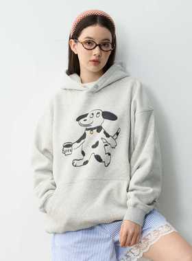 PFR AND秋冬新款斑点小狗印花卫衣 落肩宽松套头连帽加绒情侣帽衫