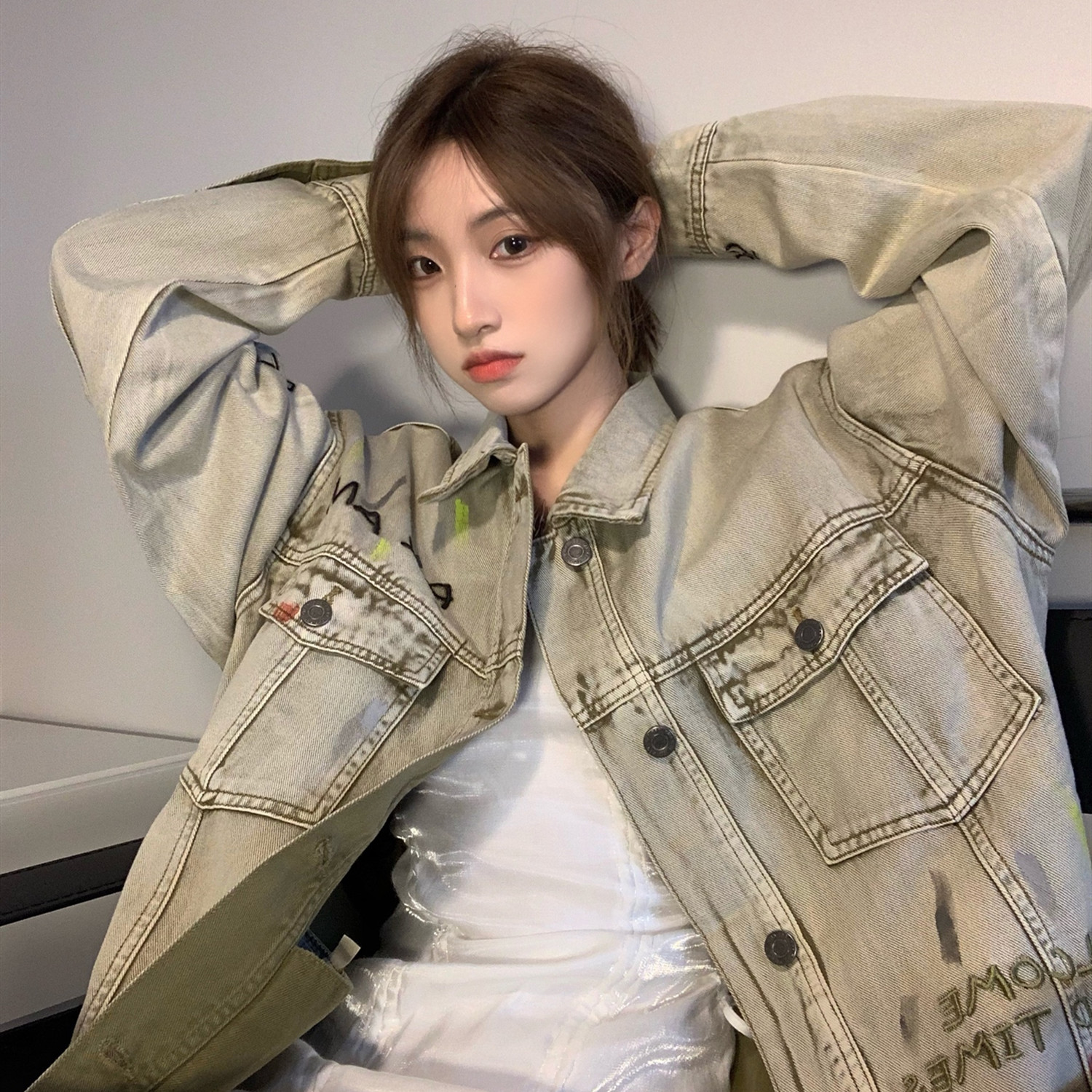 PFRAND黄色牛仔衣翻领宽松