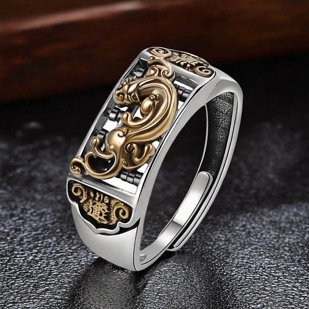 999足银招财吞金貔貅算盘男戒指