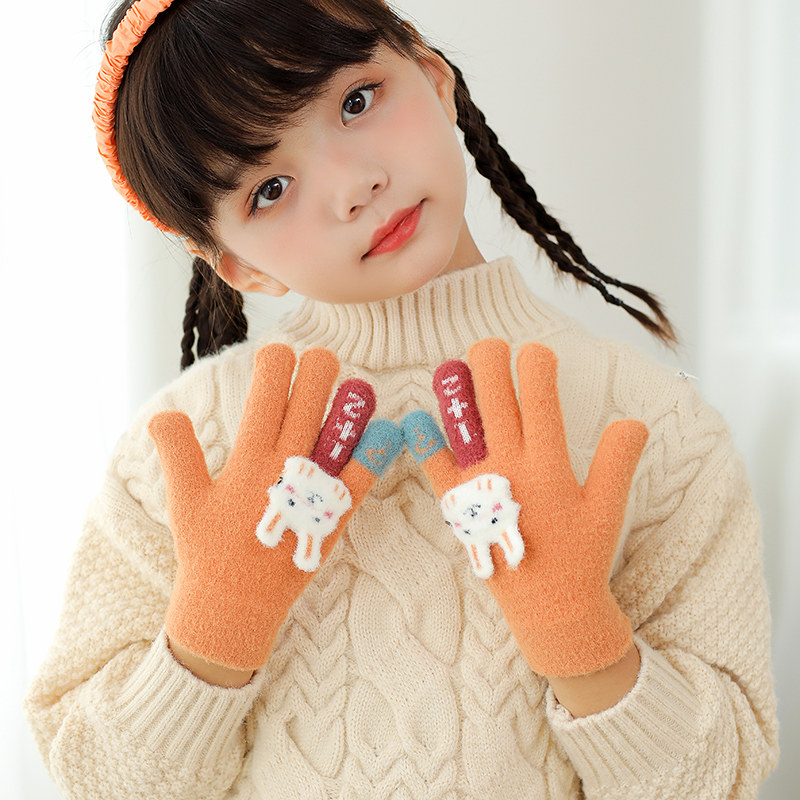 儿童手套秋冬季冬天男女小孩子宝宝学生针织毛线五指保暖加绒加厚