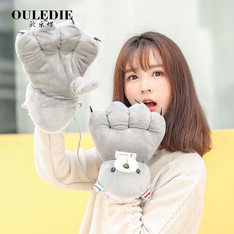 手套女秋冬季韩版可爱小熊爪子女士毛绒加厚保暖挂脖暴爪卡通手套