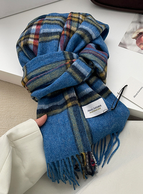 24秋冬miu系治愈蓝色格纯羊毛围巾女时髦配色度穿搭ins保暖披肩男