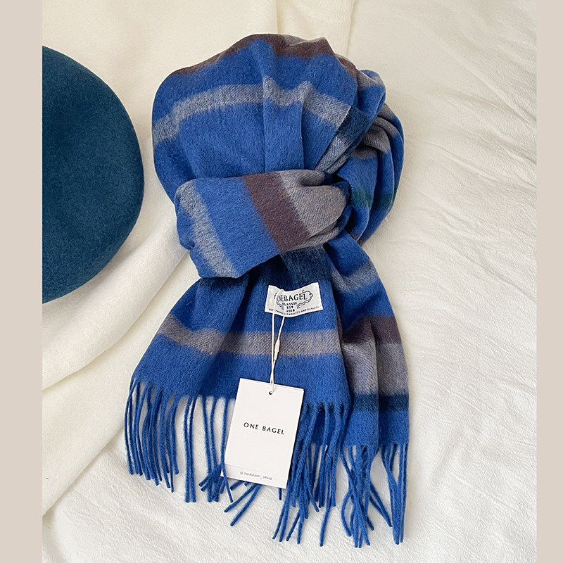 系治愈蓝色条纹羊毛围巾保暖披肩