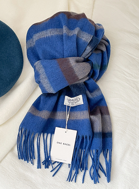 25秋冬miu系治愈蓝色格子羊毛围巾女时髦配色穿搭ins百搭保暖披肩