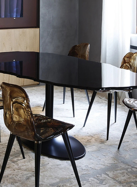 意大利EGEO钢化玻璃客厅餐厅彩色不规则椭圆形金属底座餐桌
