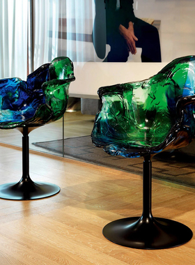 现代简约绿色透明水晶椅创意时尚手工树脂花朵旋转餐椅家用休闲椅