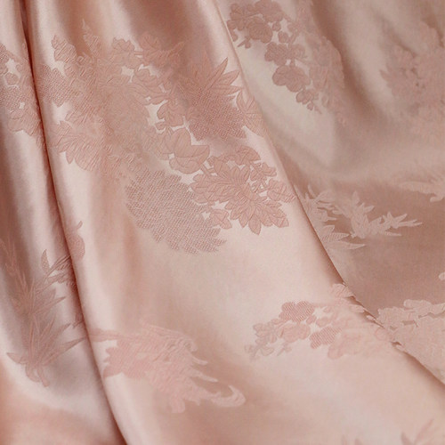 【梅兰竹菊】粉色冠乐绉真丝弹力提花布料浮雕褶皱桑蚕丝服装面料