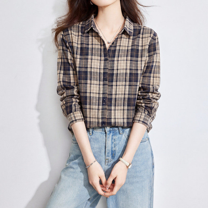纯棉格子衬衫女2026春季新款高级感轻奢小个子宽松巨好看长袖上衣