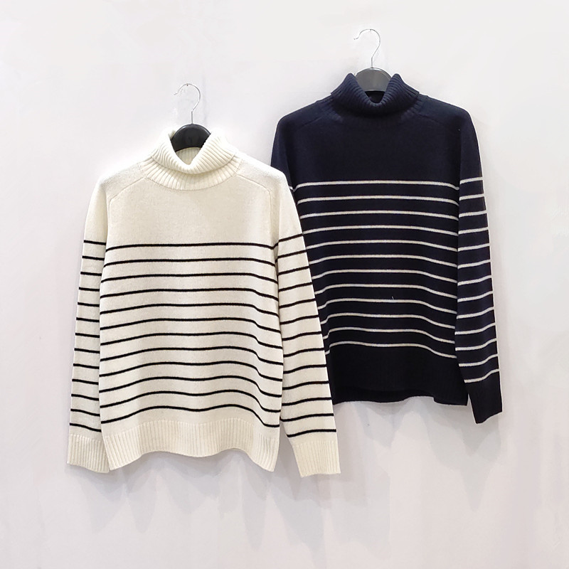 秋冬偏厚高领100全羊毛条纹黑白双色针织衫毛衣女宽松百搭羊毛衫