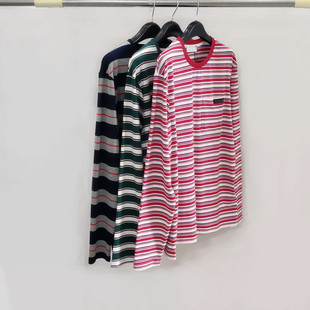 100纯棉条纹T恤男女同款 欧美款 打底衫 休闲百搭字母圆领长袖 春秋季
