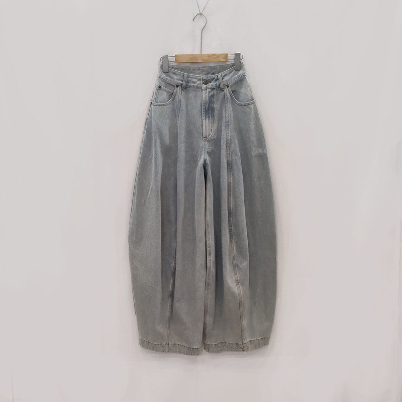 水洗阔腿牛仔裤做旧设计师灯笼裤