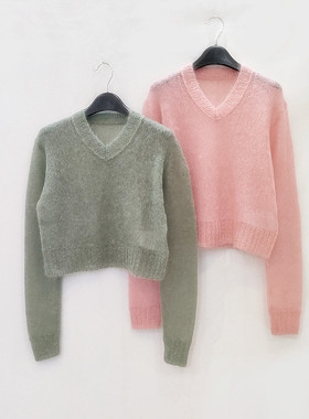 chun元出口单马海毛蓬松软糯轻盈羊毛衫V领套头短款针织衫毛衣女