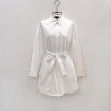 系带显瘦纯棉舒适白色长衬衫 衬衫 领中长款 新款 长袖 连衣裙女春秋季