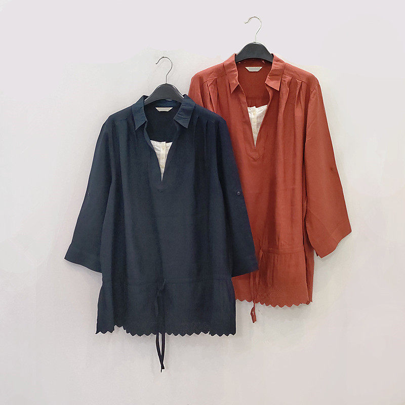 外贸款棉麻重工刺绣套头T恤女春夏秋宽松休闲遮肚九分袖衬衫上衣