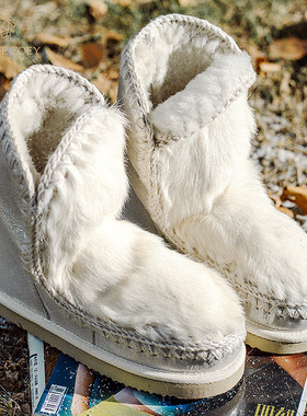 原创软糯兔毛白色拼接平底中筒爱斯基摩24CM羊皮毛一体雪地靴女