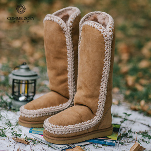 欧美风显高神器高筒长筒靴保暖爱斯基摩40CM羊皮毛一体雪地靴女