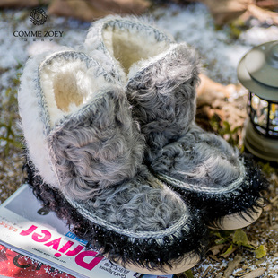 博主爱斯基摩运动mini内增高可爱熊猫卷毛冬季 羊皮毛一体雪地靴女