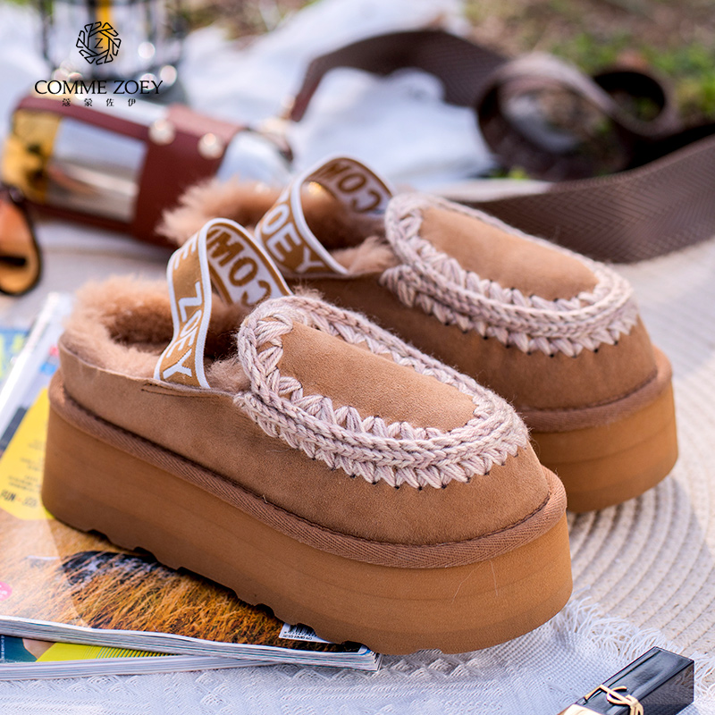 一鞋两穿COMME ZOEY原创系带弹力束缚带厚底羊毛包头拖鞋