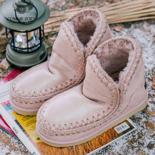 涂层粉防水平底圆头爱斯基摩18CM羊皮毛一体雪地靴女 心 少女