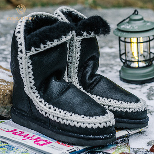 黑色涂层防水3d勾线防滑爱斯基摩中筒24CM羊皮毛一体雪地靴女