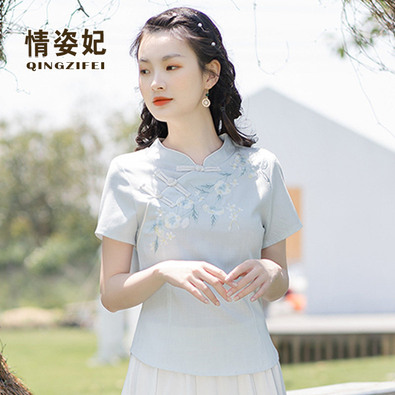 民国风改良汉服短袖旗袍上衣复古唐装中国风大码女装茶艺服两件套