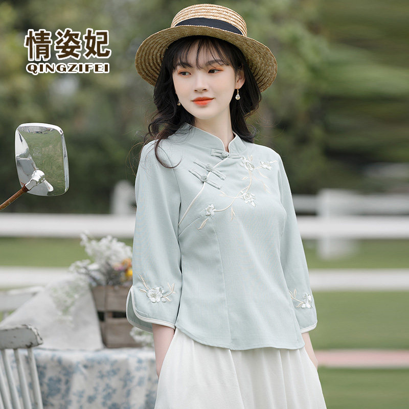 民国大码复古唐装茶服棉麻清新绣花上衣中国风改良汉服旗袍两件套